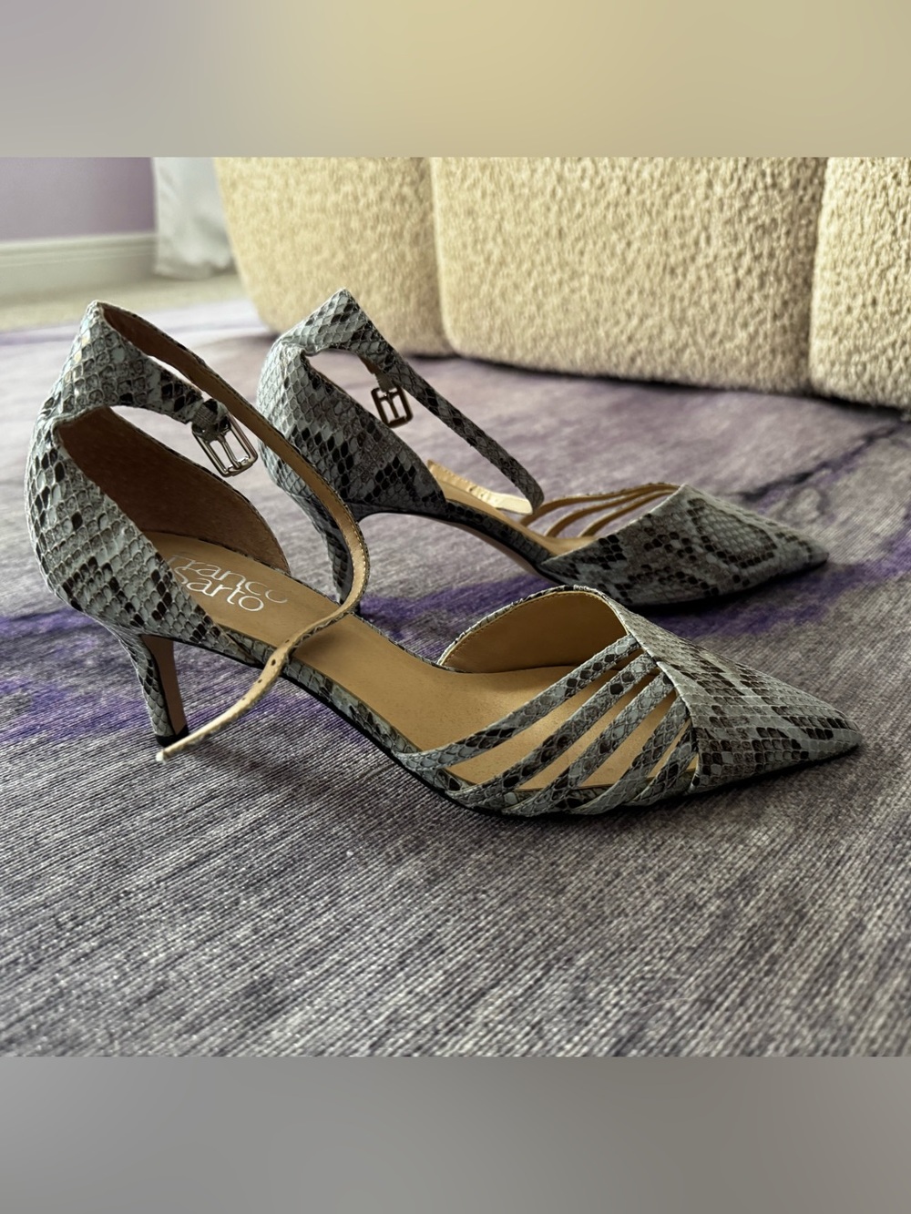 Franco Sarto Gray Snake-Print Strappy Kitten Heels